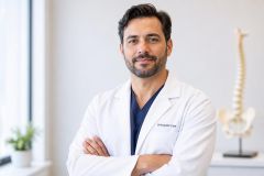 Orthopedic surgeon in white coat standing in clinic with spine model, confident and approachable.