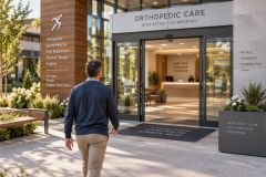 Man walking toward orthopedic clinic entrance with clear signage and welcoming reception visible.