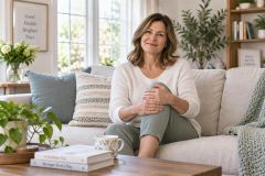 Middle-aged woman at home holding knee on couch, relaxed recovery and wellbeing moment.