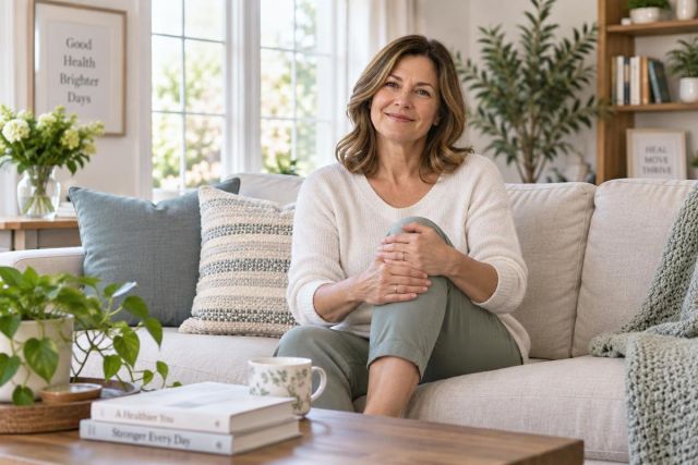 Middle-aged woman at home holding knee on couch, relaxed recovery and wellbeing moment.