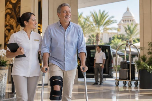 Man with knee brace and crutches escorted by staff through a hotel lobby entrance.
