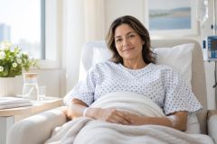 Woman in hospital gown reclining with IV, calm recovery setting in bright clinical room.