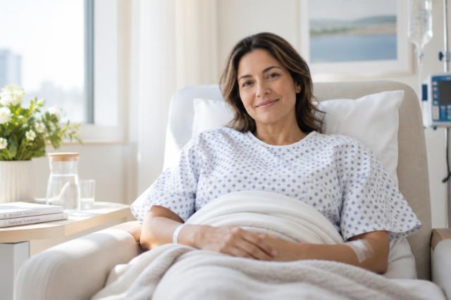 Woman in hospital gown reclining with IV, calm recovery setting in bright clinical room.