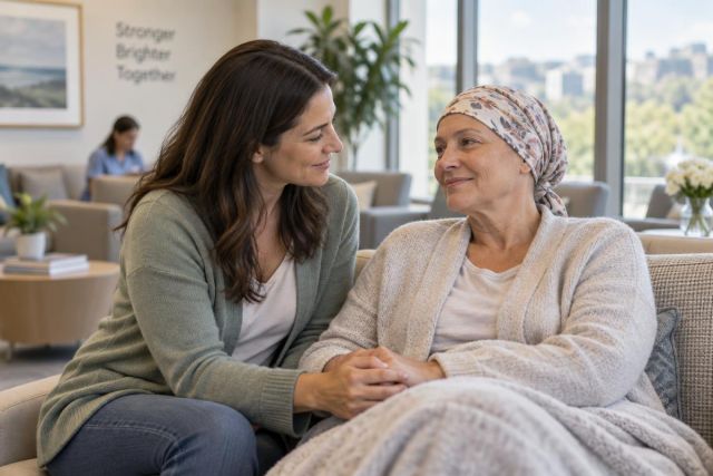 Patient and companion sitting in clinic lounge, companion holding patient's hands supportively.