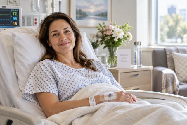 Smiling postoperative patient resting in hospital bed with IV and supportive recovery environment.