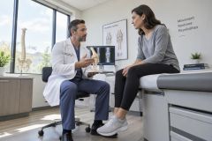 Orthopedic surgeon explaining knee anatomy with model to patient during calm clinic consultation.
