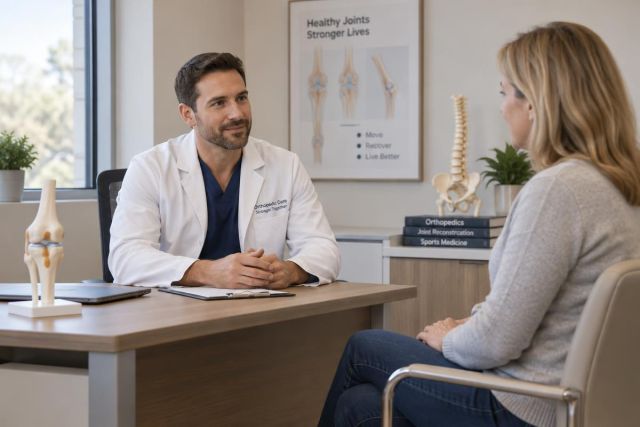 Orthopedic surgeon consulting with patient across desk, knee model and spine models visible.