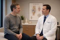 Orthopedic specialist consulting with middle-aged patient in exam room; knee anatomy chart visible.