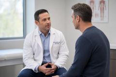 Doctor consulting a male patient in a clinic, discussing knee care and treatment considerations.