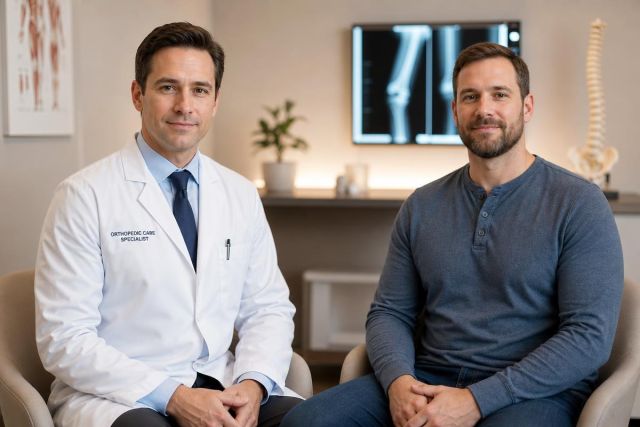 Orthopedic consultation setting with doctor, patient, knee x-rays, and spine model in clinic.