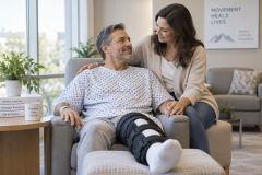 Middle-aged man in knee brace with supportive companion in calm orthopedic clinic recovery setting.
