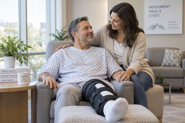Middle-aged man in knee brace with supportive companion in calm orthopedic clinic recovery setting.