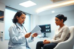 Doctor examining patient's chart in a modern clinic setting. Healthcare professional consulting with a patient, promoting wellness and medical care. Bright, clean environment.