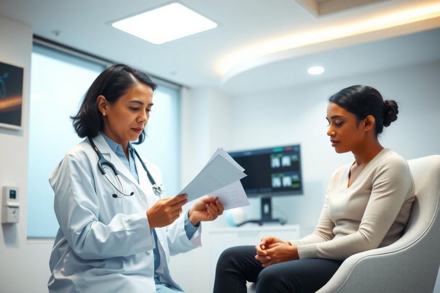 Doctor examining patient's chart in a modern clinic setting. Healthcare professional consulting with a patient, promoting wellness and medical care. Bright, clean environment.