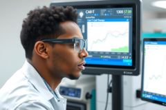 Medical professional in a lab coat examining a monitor displaying data. The image features a focus on healthcare technology and diagnostics in a clinical environment.