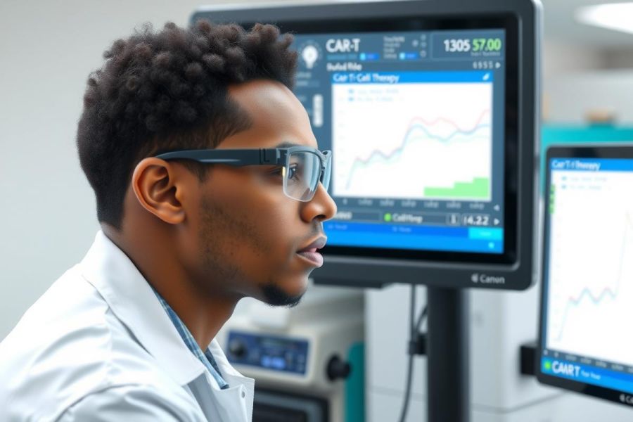 Medical professional in a lab coat examining a monitor displaying data. The image features a focus on healthcare technology and diagnostics in a clinical environment.