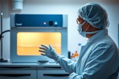 Lab technician in protective gear examines samples in an incubator. Science, research, and medical environment. Focus on safety protocols and laboratory equipment.