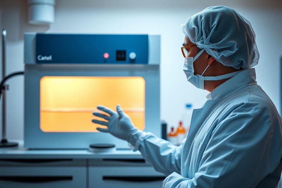Lab technician in protective gear examines samples in an incubator. Science, research, and medical environment. Focus on safety protocols and laboratory equipment.