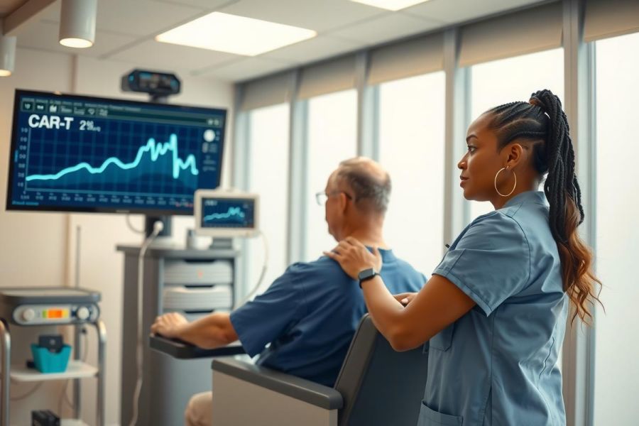 Medical checkup. A doctor examines a patient in a clinic setting. Close-up view of the medical professional and patient during an examination with diagnostic equipment in the background.