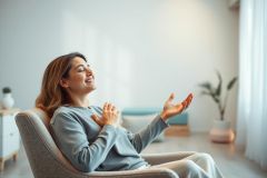 Woman meditating in a bright, modern living room. She's seated in a gray armchair, eyes closed, with a peaceful expression and hands gently placed on her chest. Natural light and calming colors create a serene atmosphere. Relaxation, mindfulness, and home wellness themes.