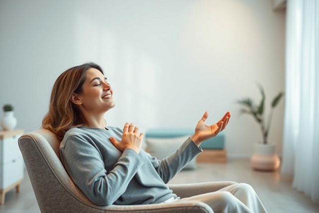 Woman meditating in a bright, modern living room. She's seated in a gray armchair, eyes closed, with a peaceful expression and hands gently placed on her chest. Natural light and calming colors create a serene atmosphere. Relaxation, mindfulness, and home wellness themes.