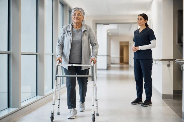 Senior patient using walker in a hospital corridor, nurse observing postoperative mobility training.