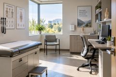 Bright orthopedic exam room with exam table, knee models, anatomy posters, and desk.