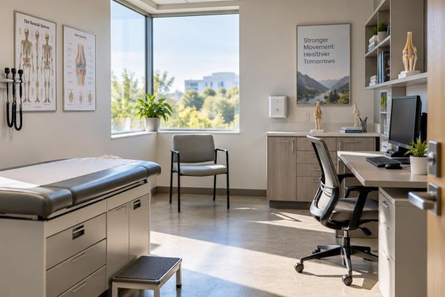 Bright orthopedic exam room with exam table, knee models, anatomy posters, and desk.