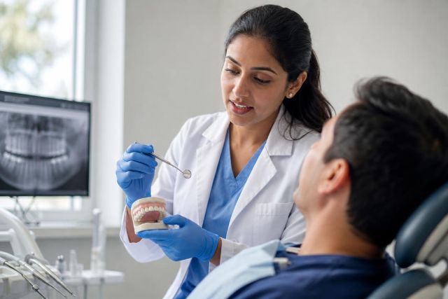 Dentist explaining dental model to patient in clinic with dental X‑ray displayed.