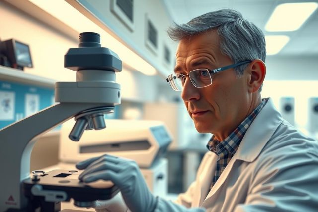 Scientist in a lab coat examines a microscope slide, focused on research and analysis. The lab setting features modern equipment and a sterile environment.