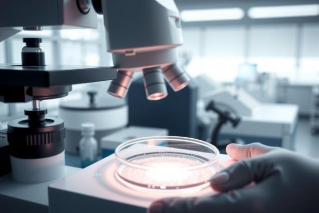 Lab setting with petri dish under microscope. Scientific research, biology, microbiology, and lab equipment are featured in this image. The environment shows a sterile, clean workspace.
