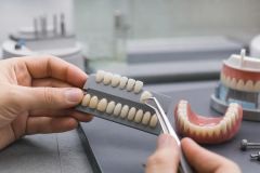 Dentist comparing denture tooth shades with prosthesis models on a clinic countertop.