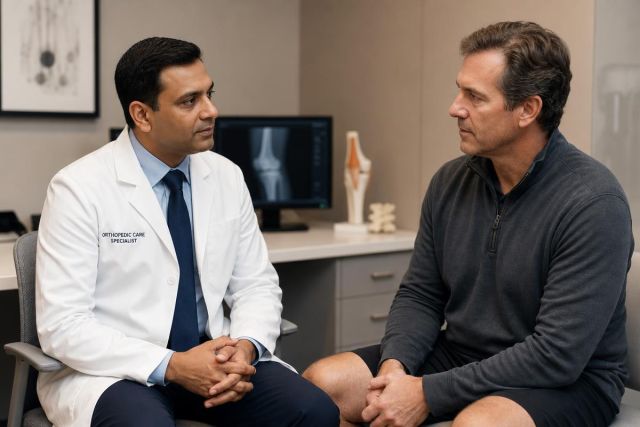 Orthopedic surgeon consulting middle-aged male patient about knee X-ray in clinic.