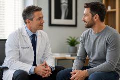 Orthopedic surgeon consulting calmly with adult patient in clinic, framed for editorial use.