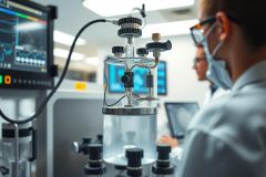 Lab researchers examining a glass bioreactor in a cleanroom environment. Focus on scientific analysis, biotechnology, and industrial processes. The image displays a modern, sterile setting with a focus on precision and innovation.