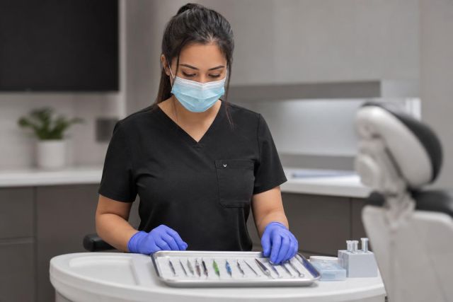 Dental clinician wearing mask and gloves arranging instruments on tray beside dental chair.
