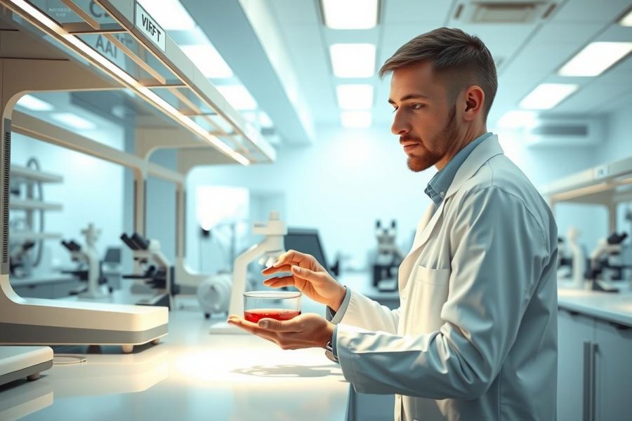Scientist in a lab coat examines a sample in a petri dish. The bright, modern laboratory setting features equipment and a clean aesthetic. Focus on research and scientific discovery.