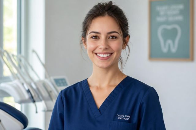 Smiling dental specialist in clinic, calm professional setting with dental chair and equipment.