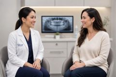 Dental consultation in clinic with specialist and patient discussing treatment, panoramic X-ray visible.