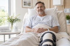 Smiling middle-aged patient reclining in hospital bed with knee brace during postoperative recovery.