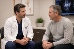 Orthopedic surgeon consulting with middle-aged male patient in clinic, discussing hip recovery and outcomes.