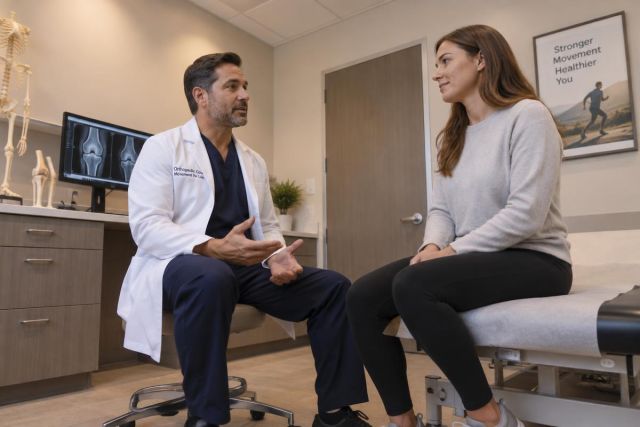 Orthopedic surgeon consulting a female patient in an exam room with knee X-ray visible.