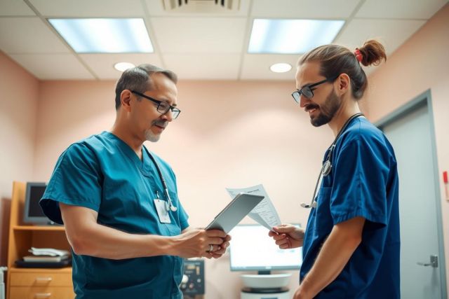Two doctors in blue scrubs examine a tablet in a medical office. The scene shows a professional healthcare environment with equipment and shelving in the background.