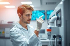 Scientist in a lab coat and gloves examines equipment. The image features a modern lab environment with bright lighting and complex machinery, suggesting research or scientific work.