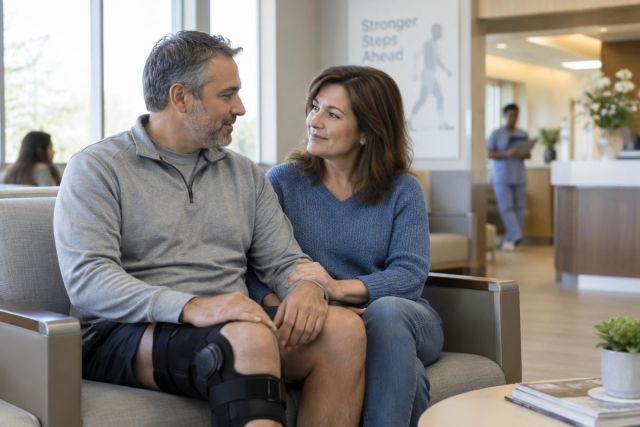 Patient with knee brace and supportive partner in calm orthopedic clinic waiting area.