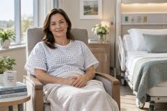 Postoperative patient resting in a calm hospital room during hip replacement recovery