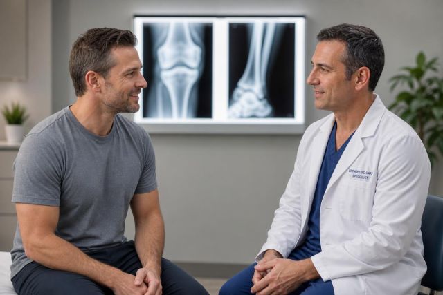 Patient consulting an orthopedic specialist in a clinic with knee X-rays visible on lightbox.