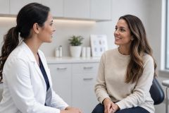Dentist consulting smiling patient in modern dental exam room, discussing treatment planning.