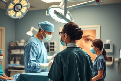 The image shows an operating room filled with medical professionals. The focus is on a team of surgeons, all wearing surgical gowns and masks, indicating a sterile environment. There are various surgical instruments visible, such as scalpels, clamps, and suture needles. One woman seems to be the patient being operated on, with her face uncovered for medical examination. The overall atmosphere is one of concentration and professionalism.