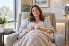 Smiling postoperative patient resting in recovery chair with IV line and warm blanket.
